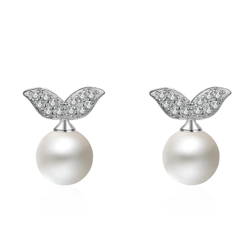 

Hot sell fashion leaf plant shiny crystal imitation pearl female 925 sterling silver ladies`stud earrings jewelry gift birthday
