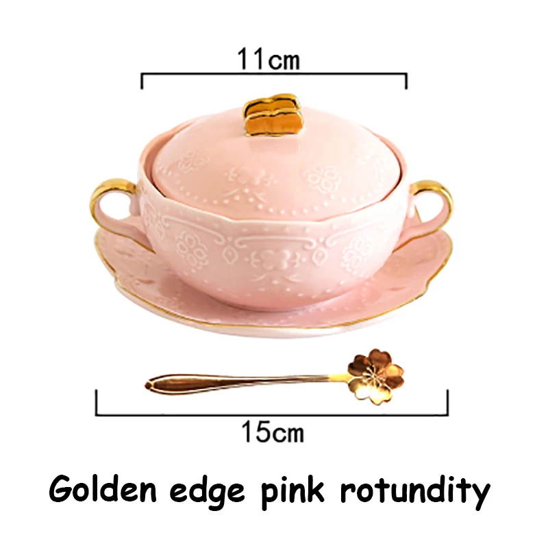Салатники с крышкой и поддоном, миска для риса, бинауральные красивые контейнеры для еды, роскошная посуда, посуда для различных видов использования, 1 набор - Цвет: Golden edge pink R