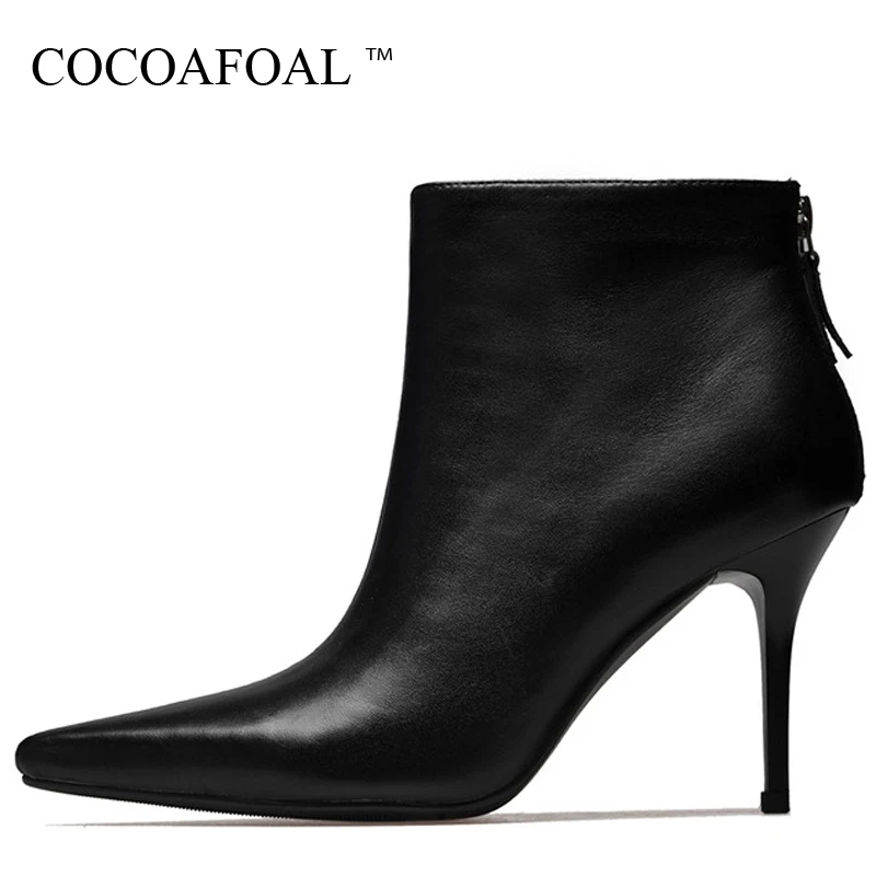 

COCOAFOAL Woman High Heel Ankle Boots Autumn Winter Genuine Leather Shoes Black Beige Fashion Sexy Cow Leather Pointed Toe Boots