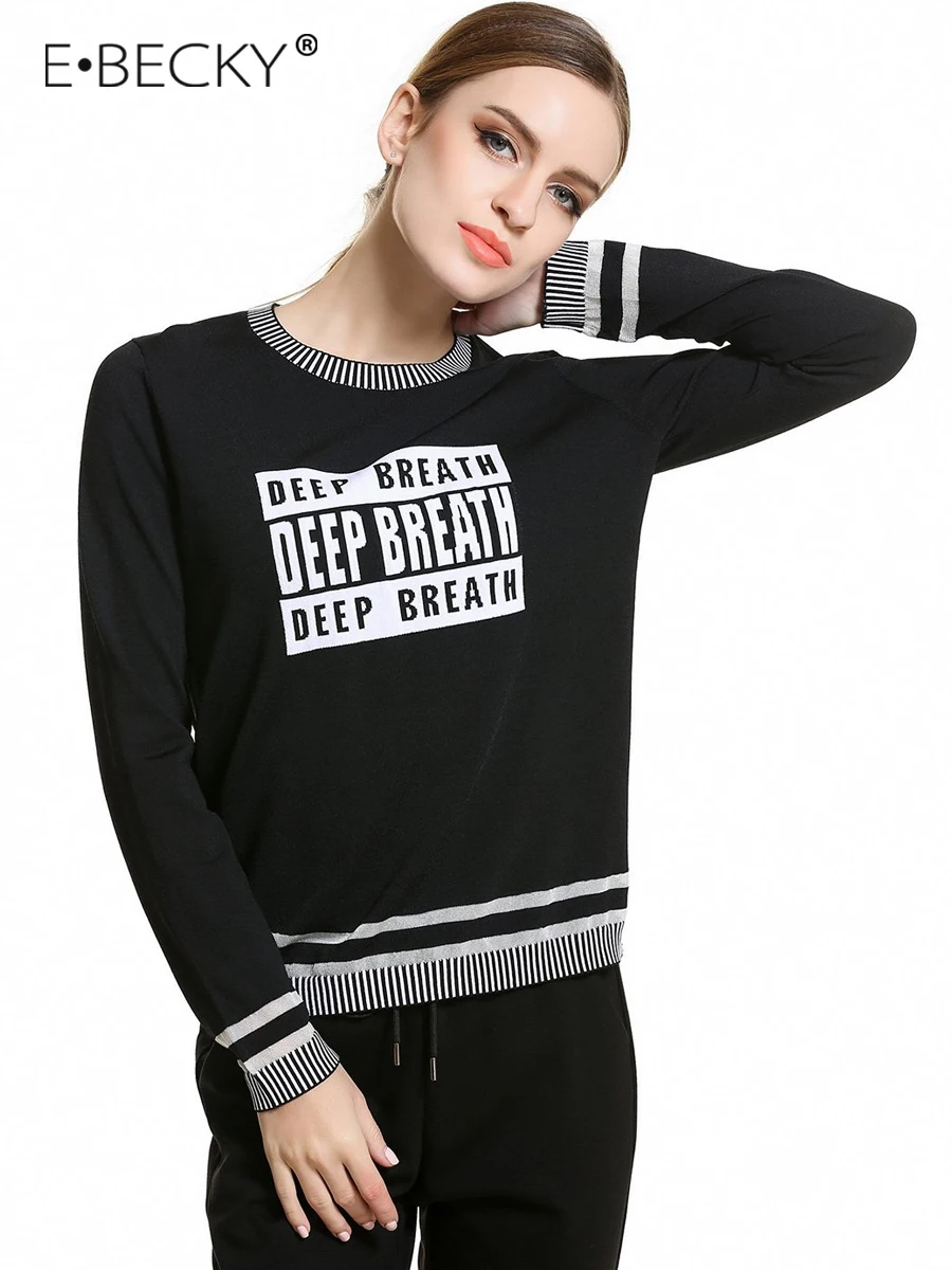 E.BECKY Black White O Neck Knitted Sweater Loose Pullover Woman Clothes Sweaters Spring Autumn Womens Long Sleeve Top Office E.BECKY Black White O Neck Knitted Sweater Loose Pullover Woman Clothes Sweaters Spring Autumn Womens Long Sleeve Top Office