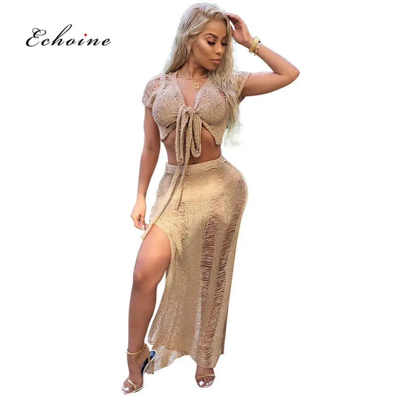 

Echoine Women Two Piece Set Corp Tops Short Sleeve Lace Up Sexy Hollow Out Transparent High Split Long Skirt Summer Beach Outfit