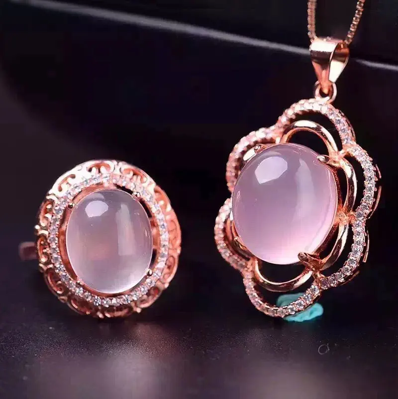 

Natural Rose Quartz Gems Stone Jewelry Sets Genuine 925 Sterling Silver Women Sing Chain Pendant