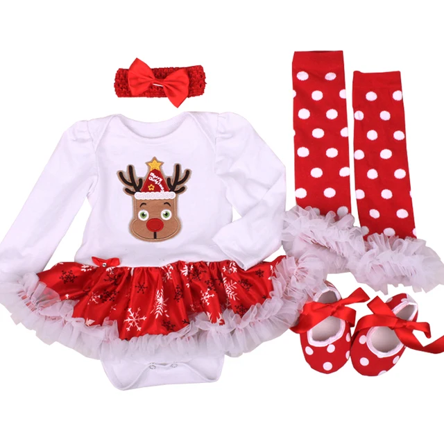 My First Christmas Baby Girl Dress Romper Xmas Reindeer Newborn My First Christmas Baby Girl Dress Romper Xmas Reindeer Newborn Clothes Santa Infant Bebe Clothing Snowflake Kid Outfit 4PCS Set - My First Christmas Baby Girl Dress Romper Xmas Reindeer Newborn