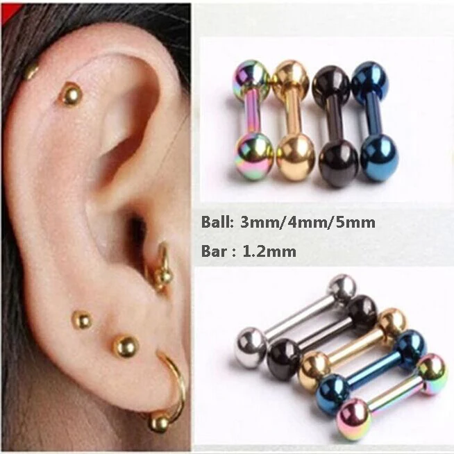 2pcs Retro 3/4/5mm Men's Titanium Stainless Steel Ball Barbell Ear