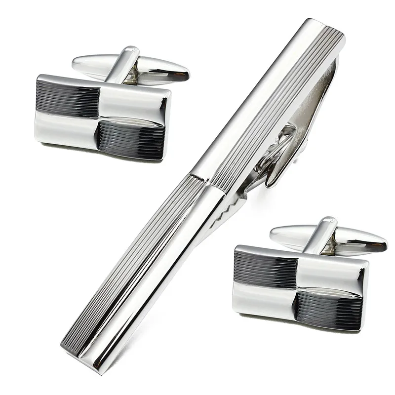 Personalized Silver Color Man Shirt Cuff Links&Tie Bar Clips Set Simple