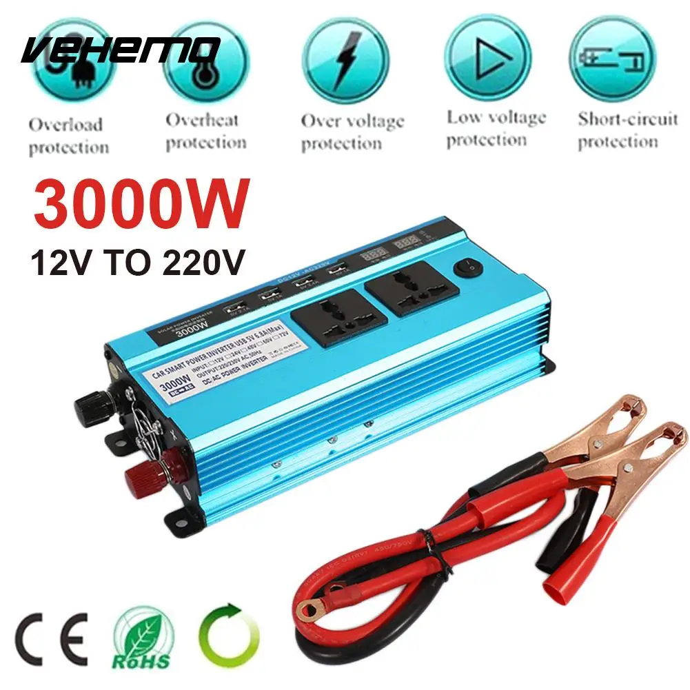 

Vehemo Car Inverter Converter Solar Power Inverter with Digital Display DC12V To AC220V High Performance Automobile Outdoor