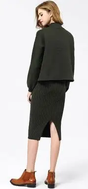 Тевлая кашемировая вязаная женская мода Повседневный комплект пуловер вогнутая выпуклая Полосатая юбка до середины икры 2 шт./компл. один размер карамель 3 вида цветов - Цвет: dark green
