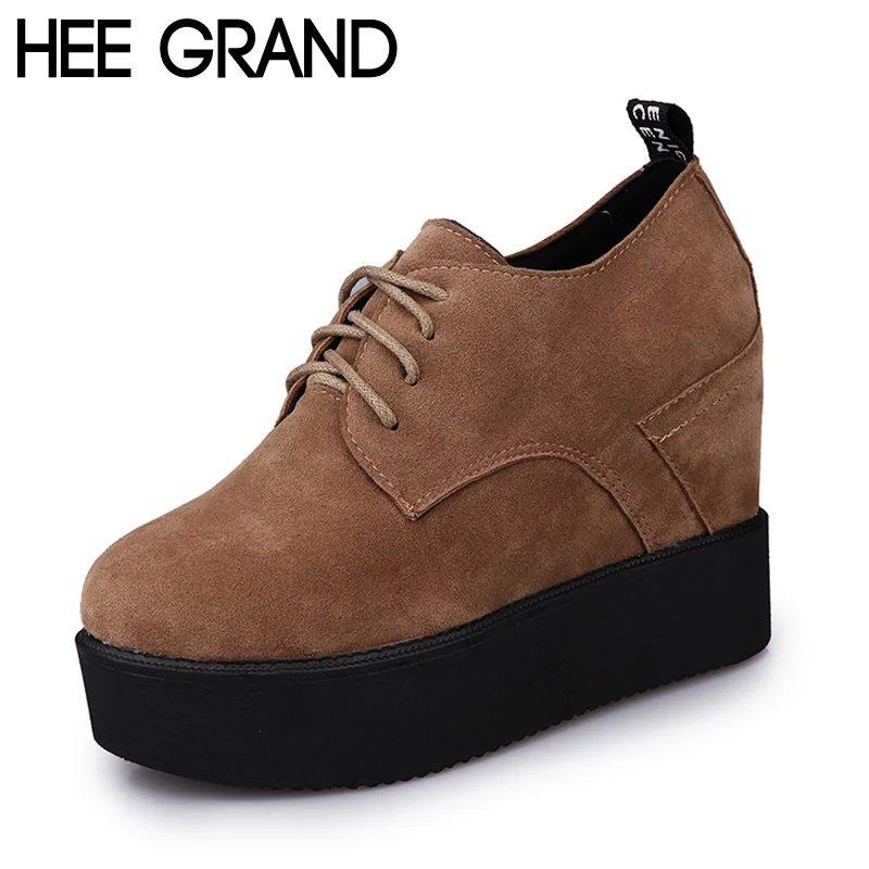 

HEE GRAND 2017 Woman Flat Platform Shoes Flock Solid Lace up Height Increasing Shoes Woman Spring Creppers XWD4975