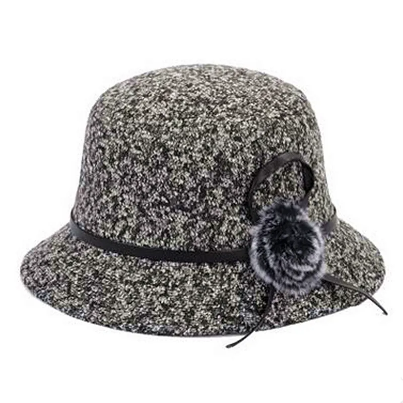 

2019 Women's Winter Hat Woolen Bucket Hats For Ladies Fashion Flower Decoration Color Mixing Basin Cap Noble Mother's Hat