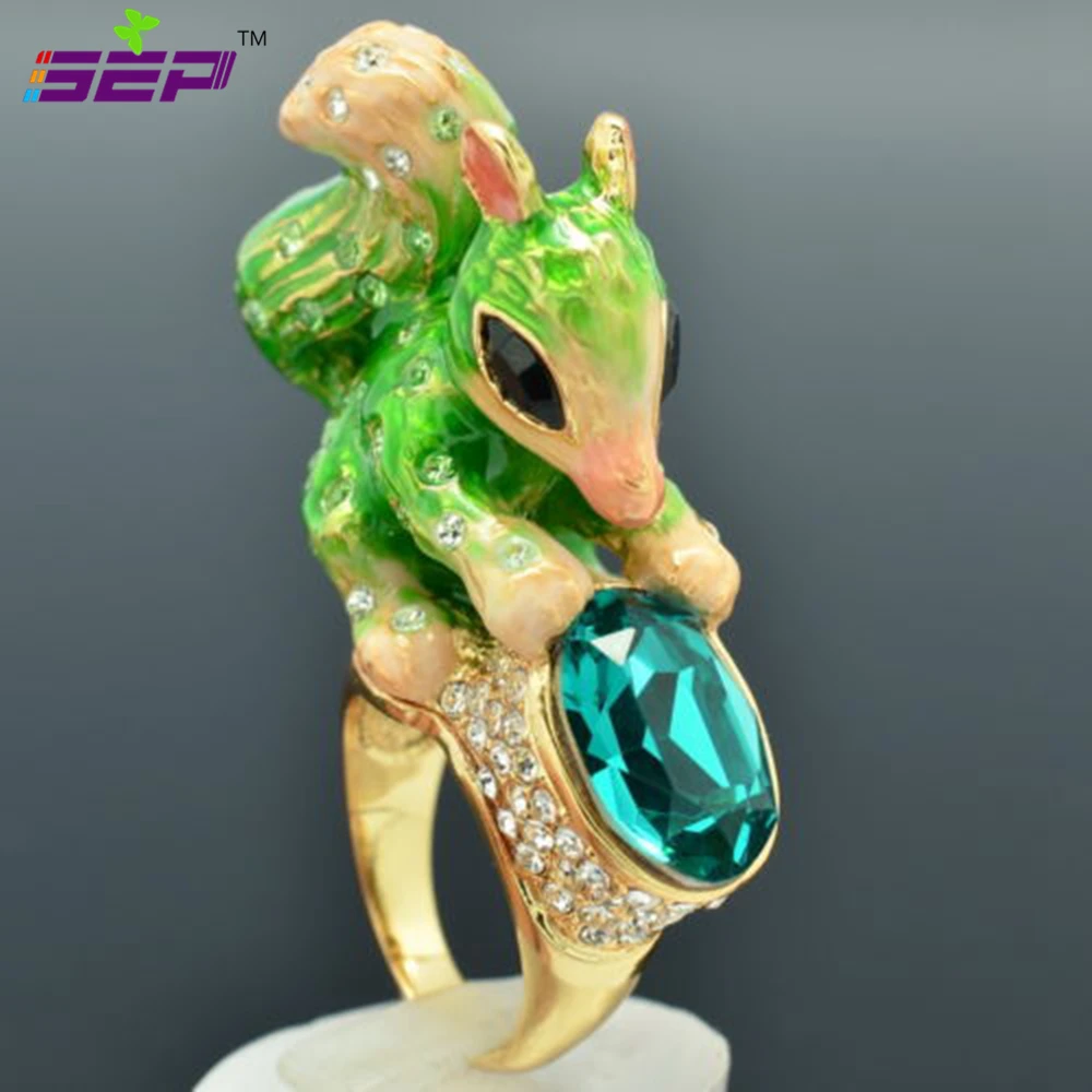 

Women Jewelry Rhinestone Crystals Animal Rings Green Enamel Squirrel Cocktail Ring Size 7# Sra2144-3