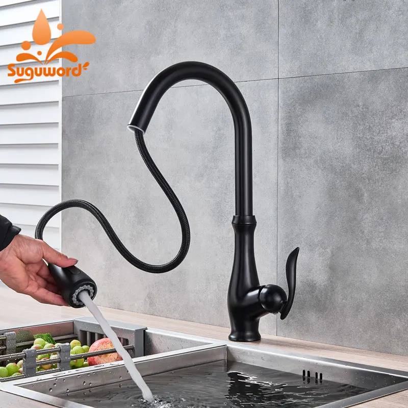 

Suguword Blacked Kitchen Faucet Deck Mounted Single Holder One Hole Hot and Cold Mixer Tap Pull Out Spray Free Rotation