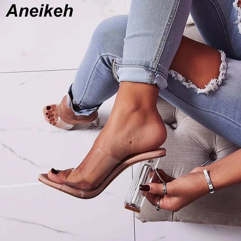 New Fashion PVC Jelly Sandals Crystal Open Toed Sexy Thin Heels Women Transparent Slippers Pumps Outside 40 41 42