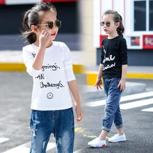 Autumn Leisure All-match Children Girls Long Sleeved T-shirt Bottoming Kids Clothing Cotton White Black