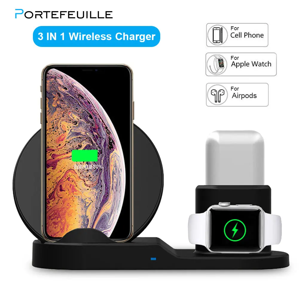 

Portefeuille 3in1 Fast Wireless Charger Dock For Apple Watch 3 2 iPhone X S XR XS Max 8 Plus AirPods QI Wireles Charging Stand