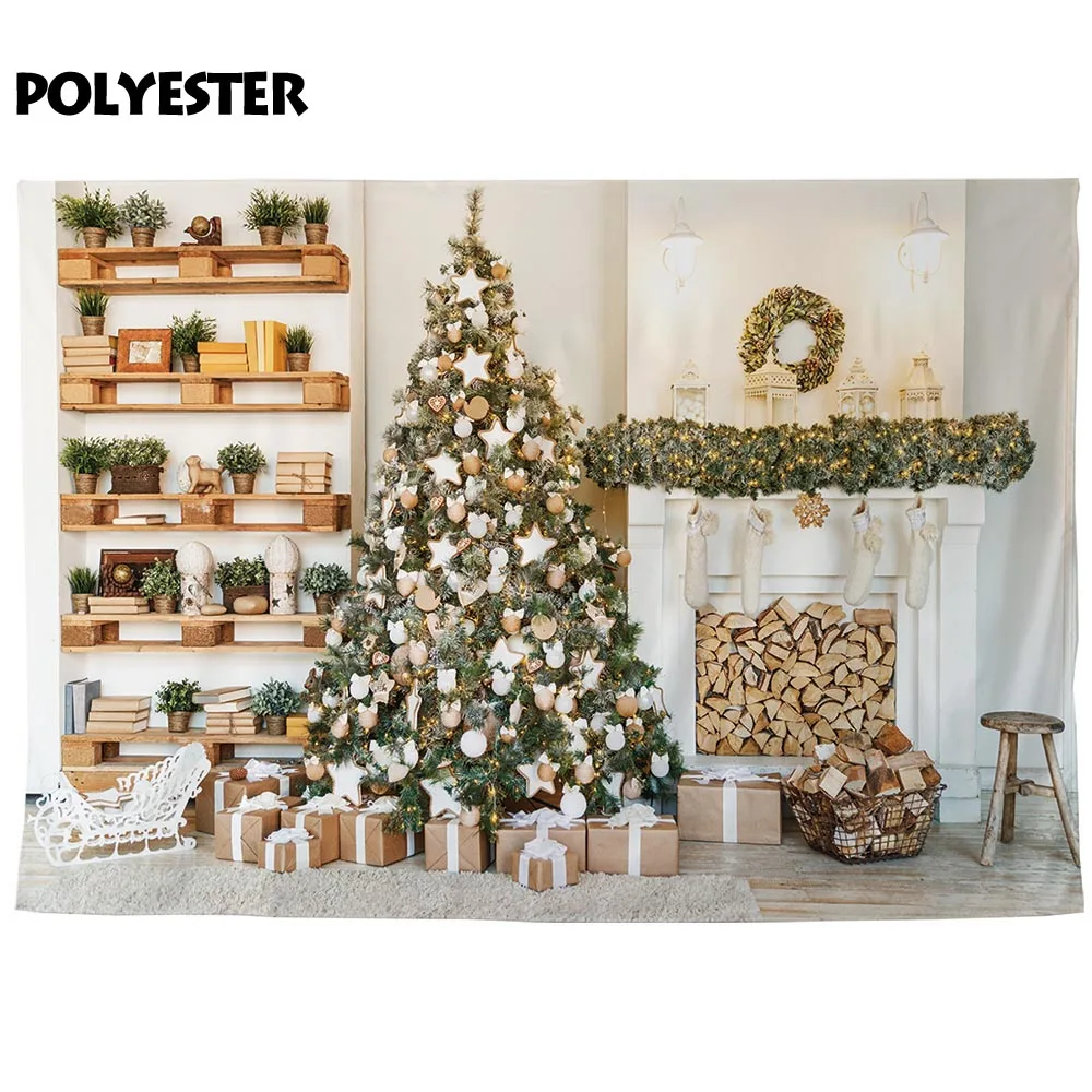 Allenjoy جديد التصوير خلفية عيد الميلاد شجرة الديكور الداخلية هدايا داخلي خزانة الموقد التصوير خلفيات