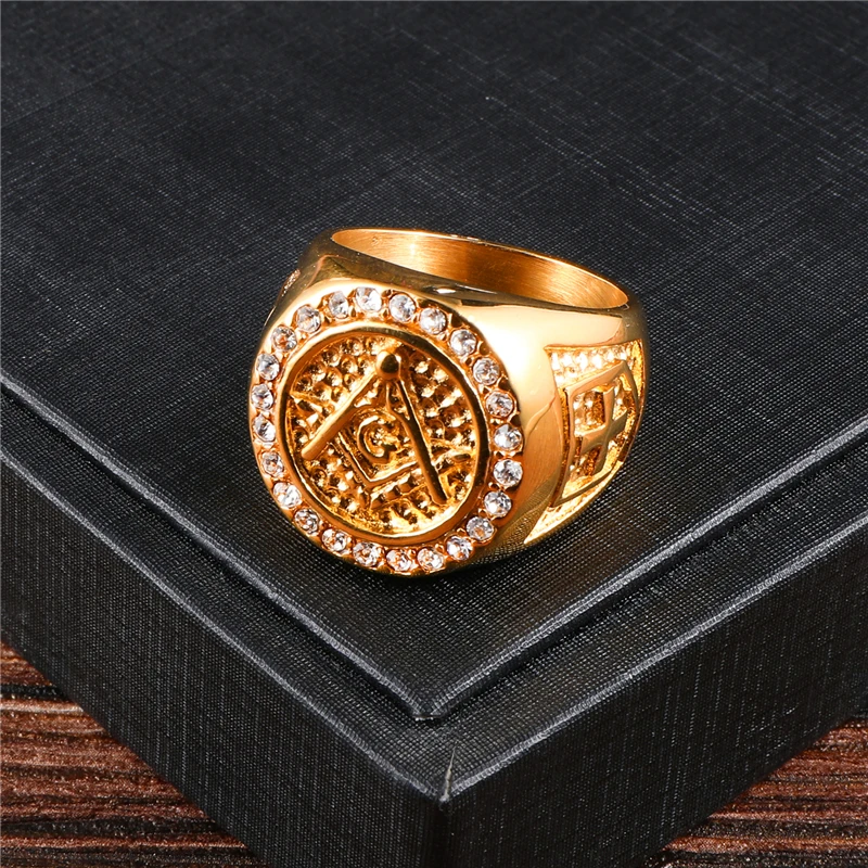 

Bling Iced Out Full Crystal Masonic Rings For Men Gold Color Stainless Steel Freemason Male Ring Dropshipping