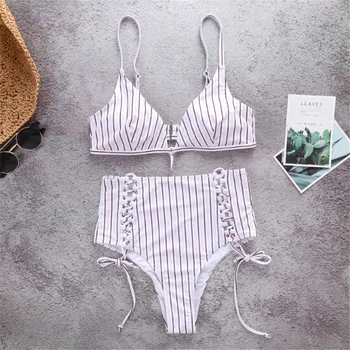 

2019 New Arrival popular striped bikini set sexy high waist lace up briefs two-piece bikini push up swimwear bathing suit beach