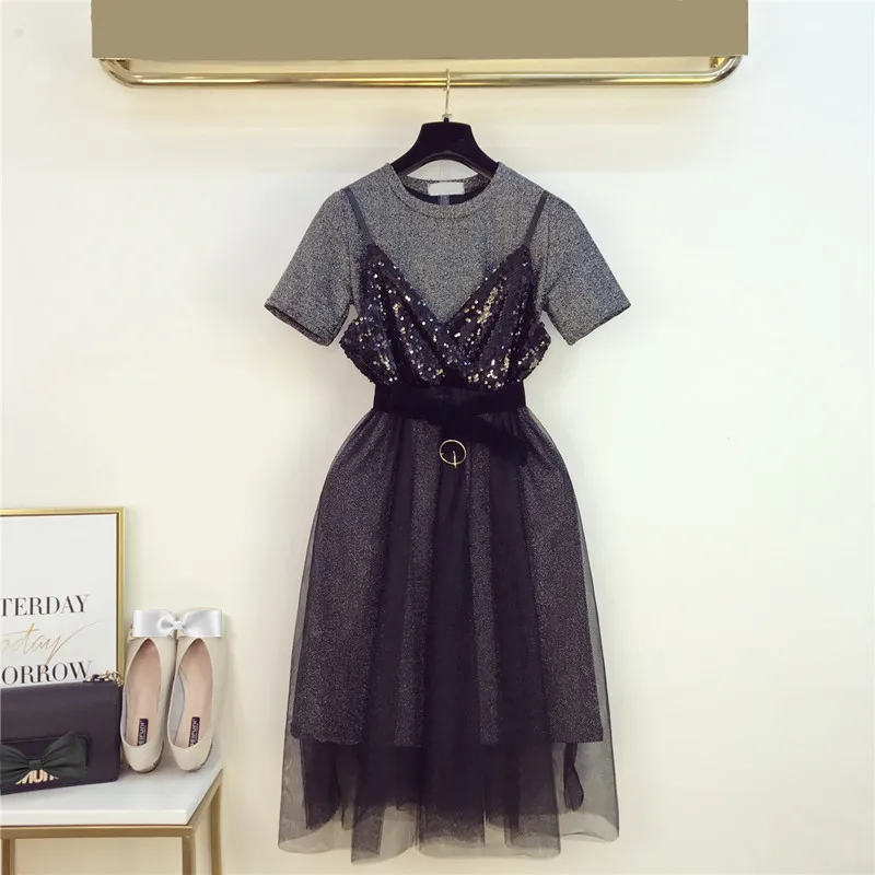 

2019 Summer Fashion Women's O Neck Short Sleeves T-shirt dress + Sequined Mesh Skirt two-piece Sets Lady Casual Suits A1341
