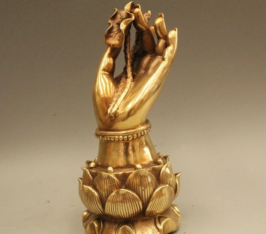 

8"China Tibet Tibetan Buddhism Religion Brass lotus flower Buddha Hand Statue