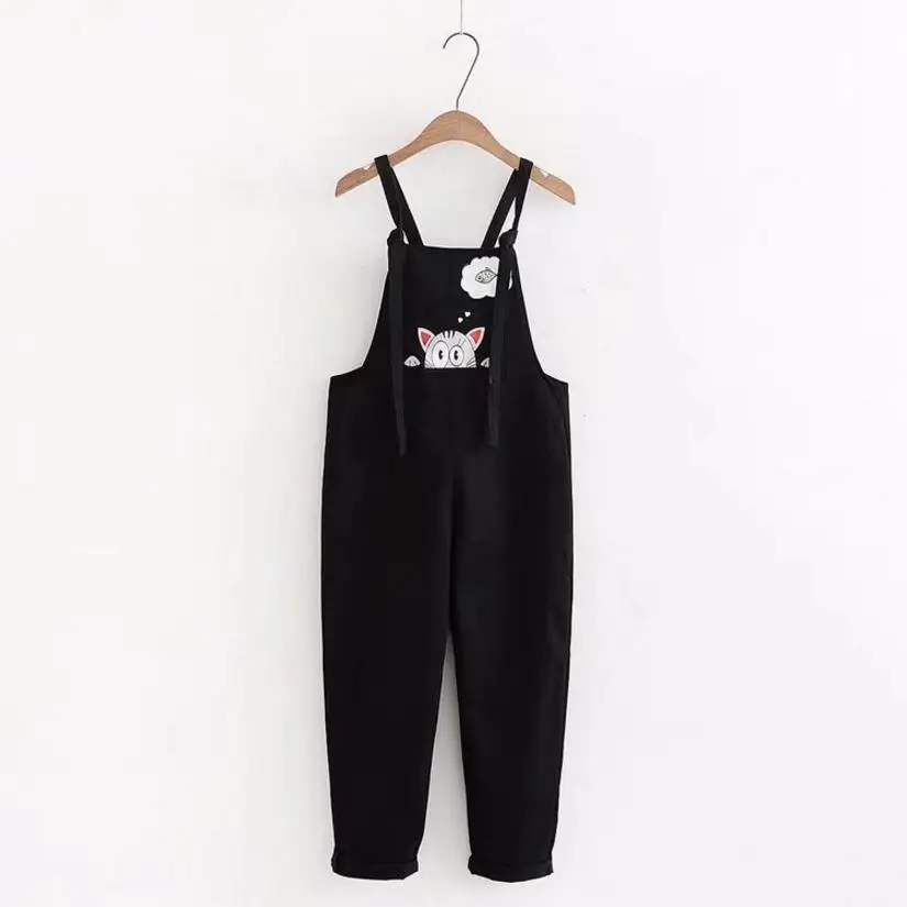 Japan Style Girl Cute Cartoon Cat Printing Embroidered Pink Overalls White Black Khaki Jumpsuits Female Summer Kwaii Overalls Japan Style Girl Cute Cartoon Cat Printing Embroidered Pink Overalls White Black Khaki Jumpsuits Female Summer Kwaii Overalls