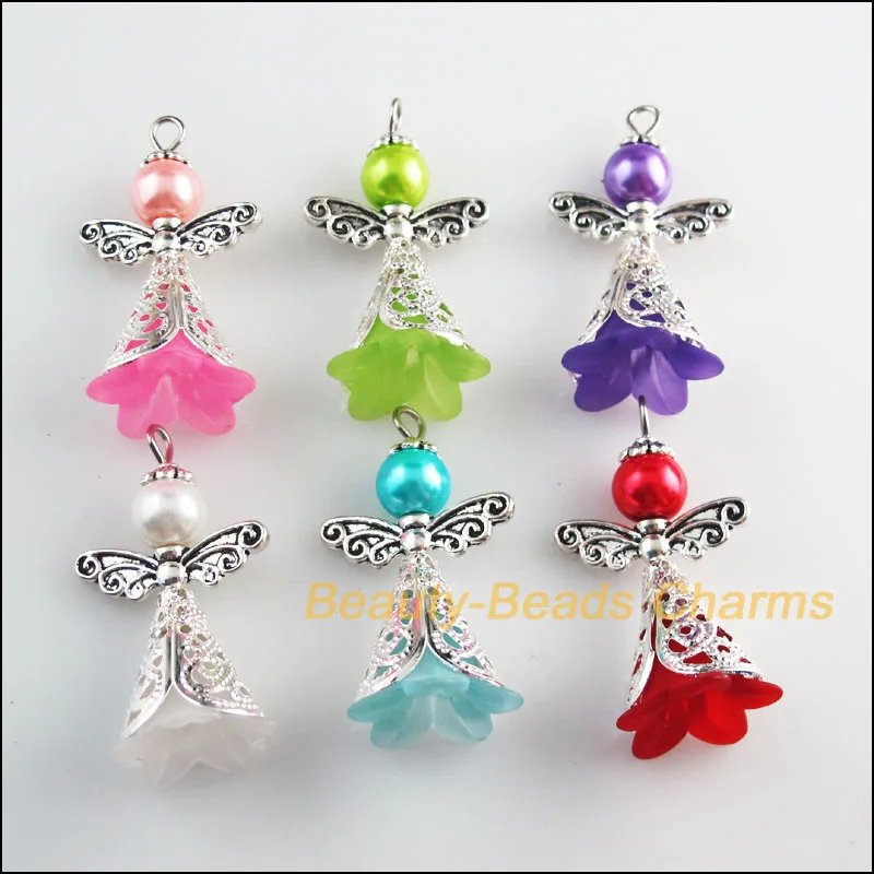 

6 New Tibetan Silver Tone Charms Mixed Acrylic Angel Wings Pendants 22x37mm