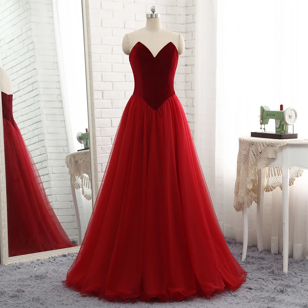 

Elegant Burgundy Strapless Velvet Lace Up Long Prom Dresses Pleated Tulle Backless A-line Robe De Soiree Sweep Floor Party Gowns