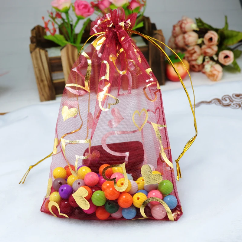 100pcs 13x18cm Heart Organza gift bags Dark red color Drawable Organza