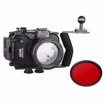 

40m 130ft Waterproof Underwater Camera Housing Case Bag for Sony A5100 ( 16-50mm Lens ) + Aluminium Diving handle + Red Filter