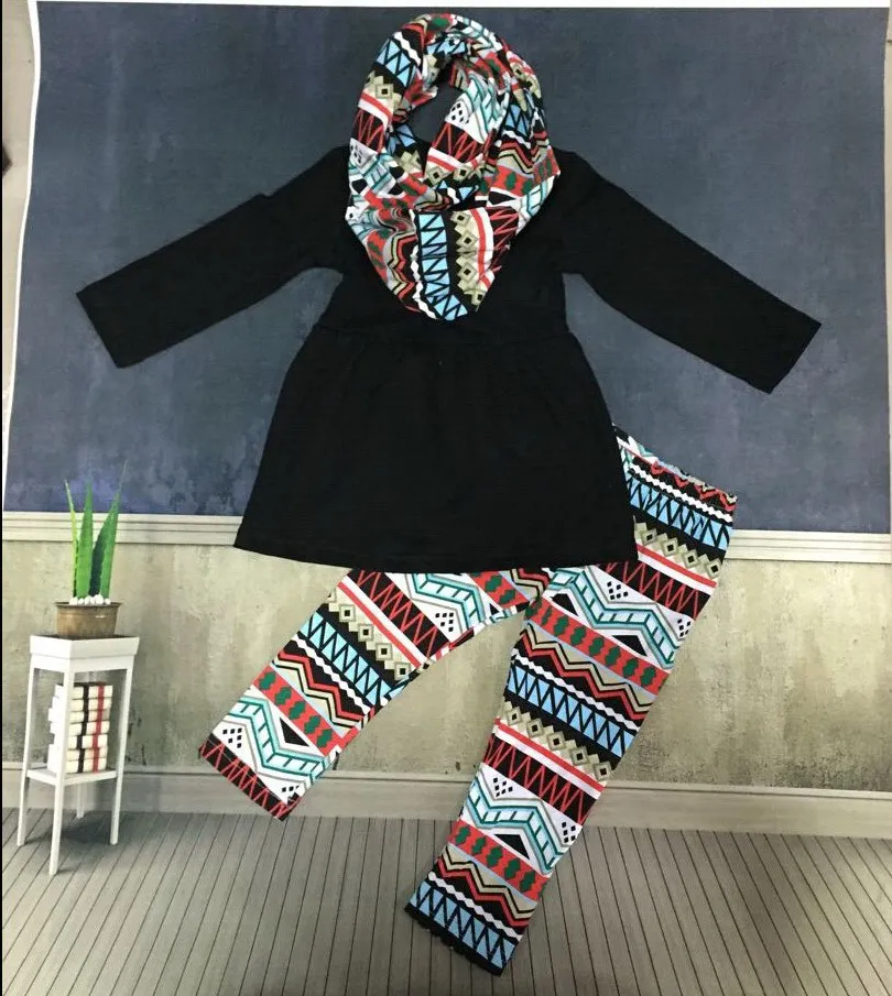 baby girls clothes 3 pieces sets kids black top with Azect pant sets