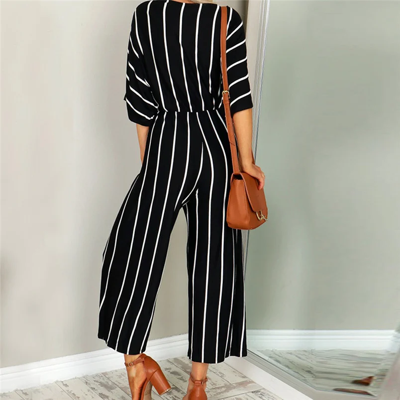 Fashion Women Autumn Jumpsuit Holiday Sexy V-Neck Three Quarter Sleeve Striped Loose Wide Leg Jumpsuit Playsuit Combinai F#S04 (4)