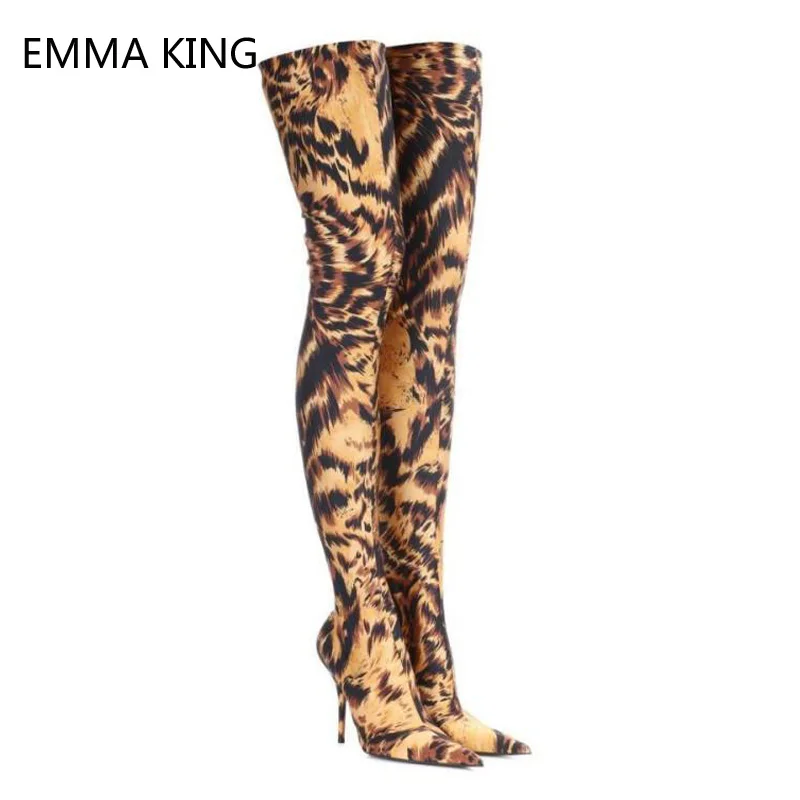 

Sexy Leopard Stilettos High Heels Fashion Knee High Boots For Woman Spring Autumn Stretch Over The Knee Boots Big Size EKA-082