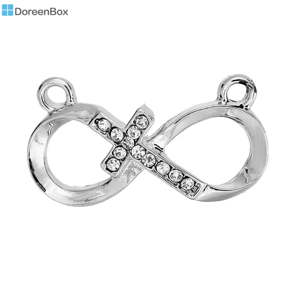 

Doreen Box Zinc Alloy Connectors Infinity Symbol Silver Tone Color Cross Hollow Clear Rhinestone 24mm(1") x 13mm( 4/8"), 5 PCs