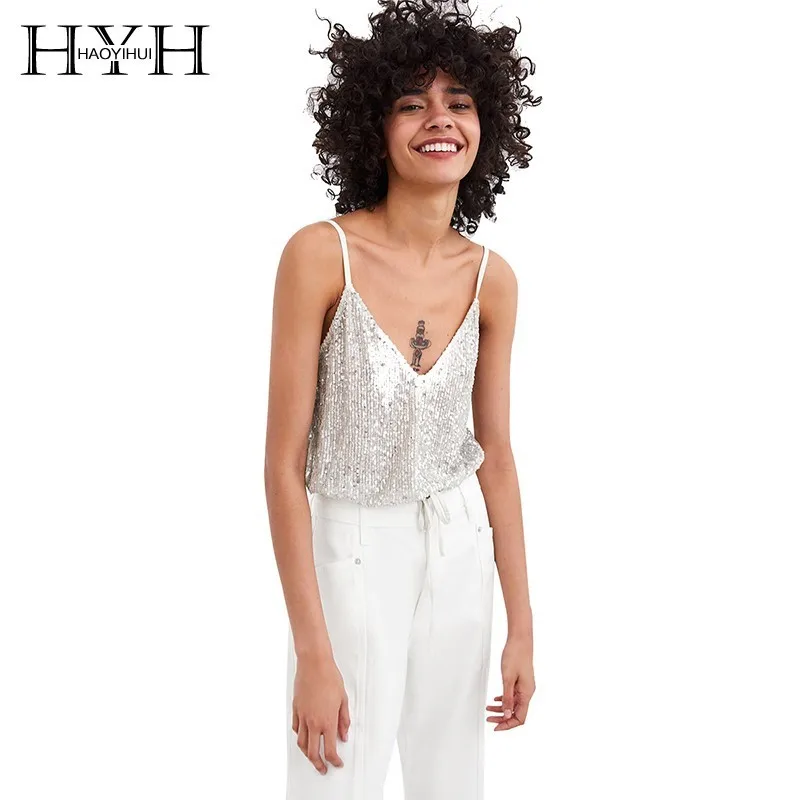 

HYH Haoyihui Summer Spring Women Tank Crop Tops Short Sexy&club 2019 New Fashion Suquined Spaghetti Strap Camis Solid T-shirt