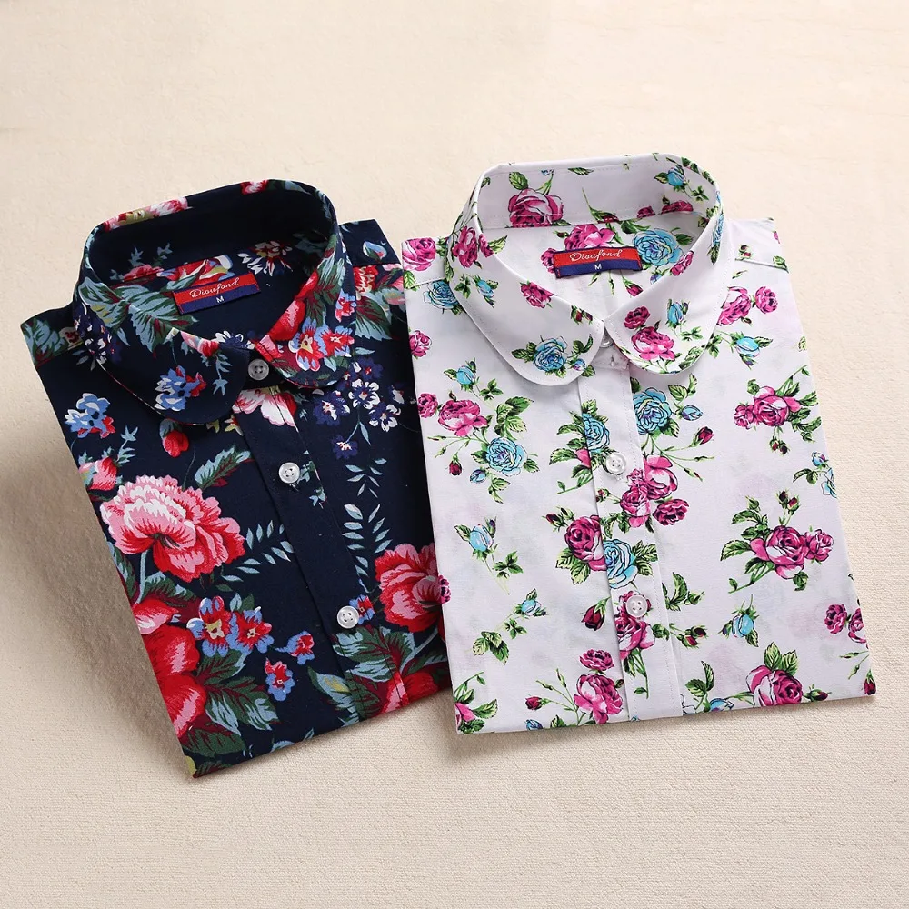Dioufond Floral Shirts Women Blouses Blouse Cotton Blusa Feminina Long Sleeve Shirt Women Tops And Blouses 2016 New Fashion 5XL