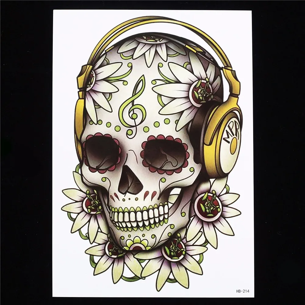1 PC Fashion Fake DIY Decal Flower Skull Headset Music Note Picture Design HB214 Temporary Tattoo for Women Men Body Art Sticker