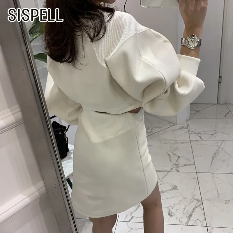 

SISPELL Casual Solid Korean Sweatshirt Dresses Female Puff Long Sleeve Hollow Out Mini Dress Women Plus Thick Fashion Summer New