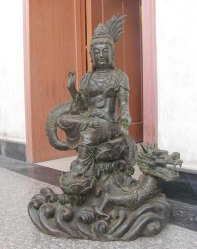 

xd 003049 26" Chinese old bronze Buddhism Kwan-yin Bodhisattva on dragon Sculpture statue