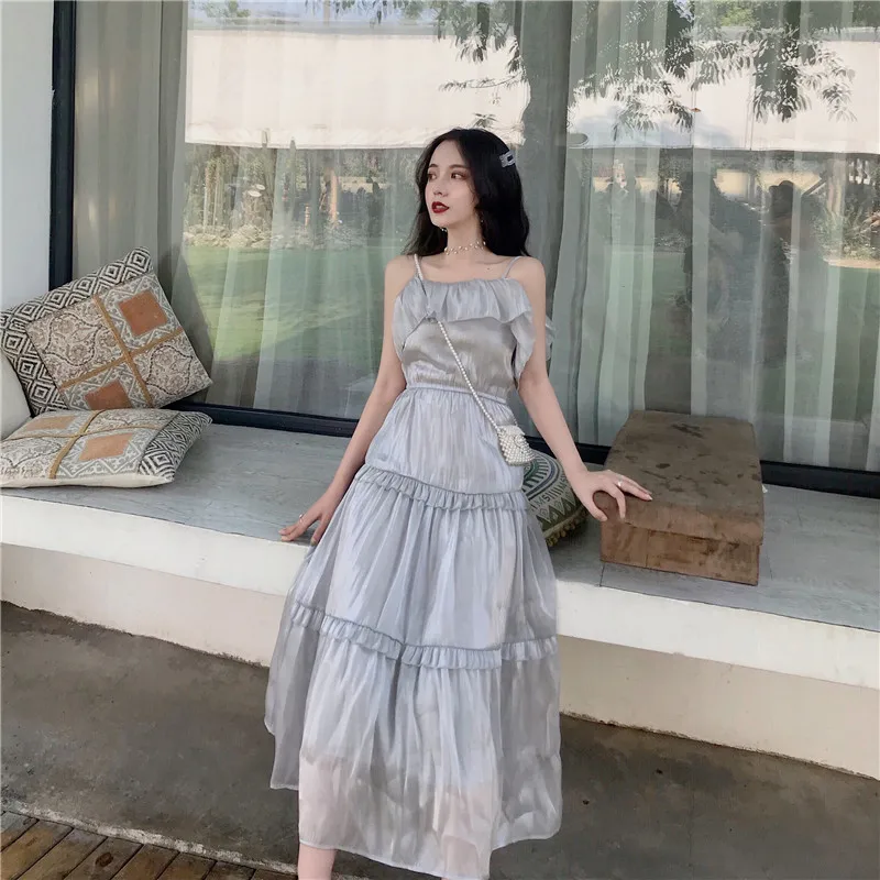 ruffles Korean fashion brands Women's Clothing dress off shoulder strapless spaghetti strap dresses woman summer style new