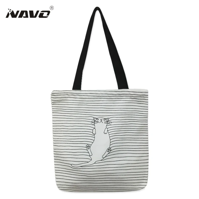 Canvas fabric reusable grocery tote big foldable shopping bag striped cotton bags eco sac cute ...