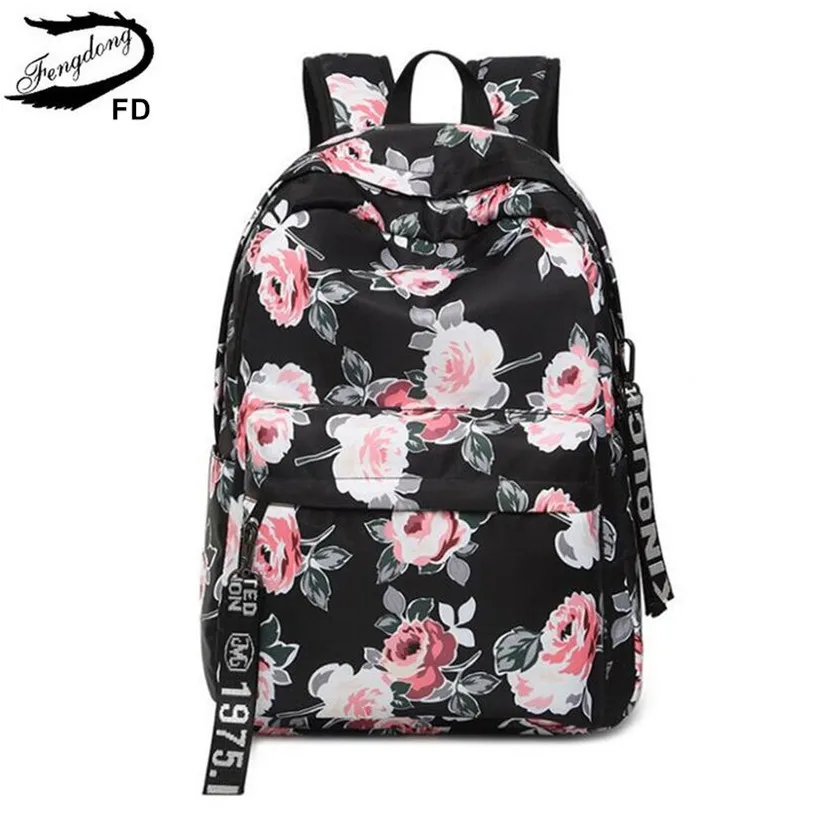 FengDong, китайский стиль, цветочный школьный рюкзак, рюкзаки с цветами для девочек-подростков, школьные сумки, сумка для ноутбука, школьная сумка, подарок - Цвет: black
