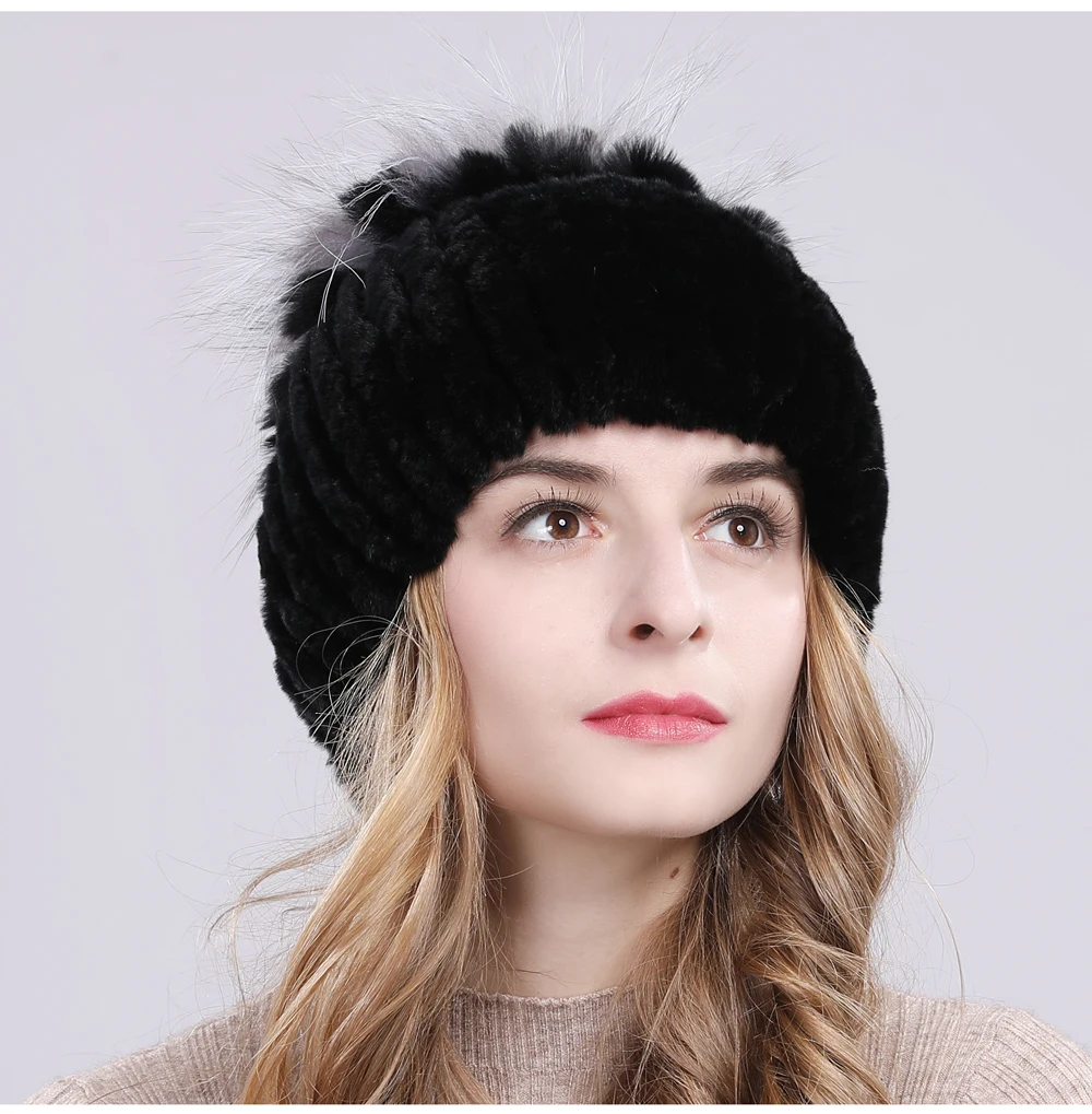 Women Natural Real Rex Rabbit Fur Beanies Hats Winter Warm Knitted Rex Rabbit Fur Caps New Female With Fox Fur Skullies Hat