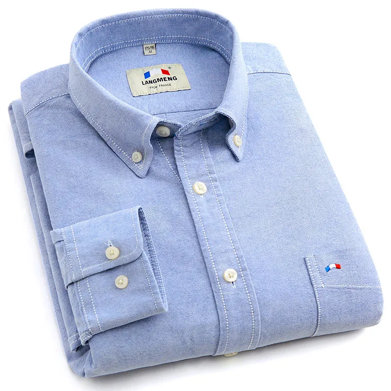 Langmeng размера плюс, брендовая хлопковая Однотонная рубашка, мужские весенние повседневные рубашки, оксфордская рубашка, camisa masculina, белая, Черная - Цвет: L3C0625