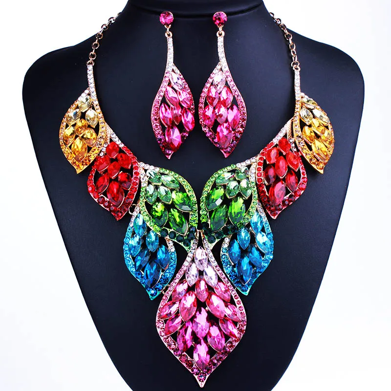 Fashion feather design gold plated crystal statement necklace and earrings luxury african dubai wedding jewelry sets