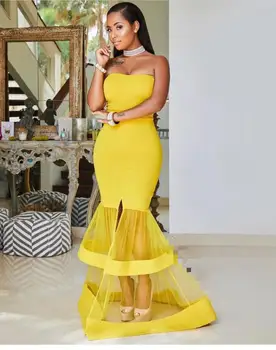 

Top Quality Strapless Bandage Dress Sexy Women Nightclub Celebrity Party Lemon Color Long Elegant Dresses