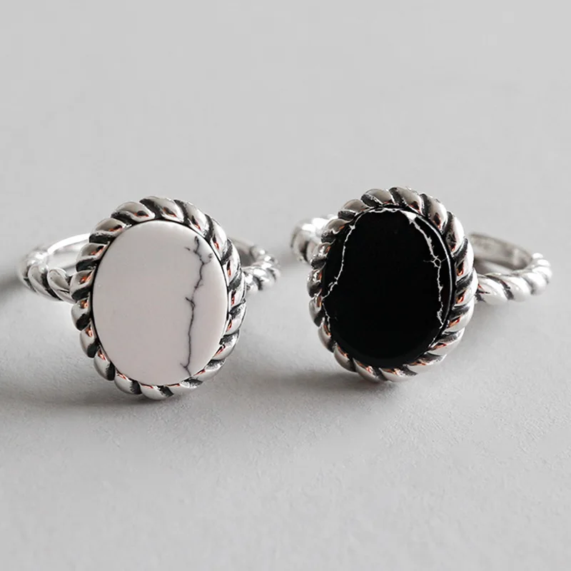 

1pc 100% Authentic S925 Sterling Silver Fine Jewelry White/ Black Turquoise Stone with Twisted Roped design Ring J155