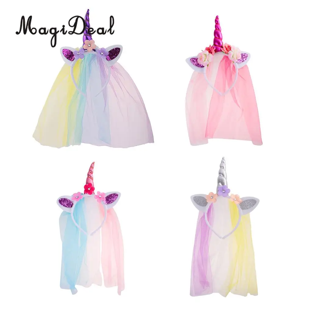 MagiDeal Unicorn Rose Flower Veil Headband Costume Cosplay Party Fancy Dress for Birthday Baby Shower Christmas Halloween Decor