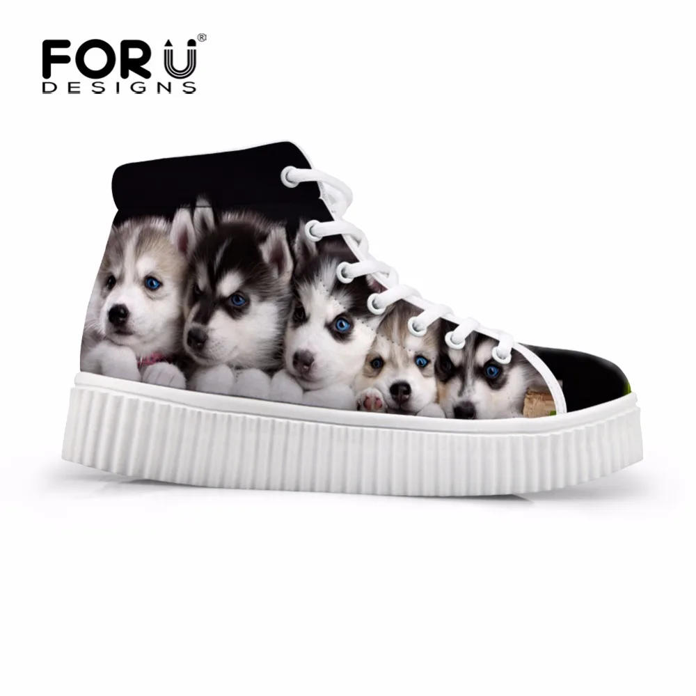 

FORUDESIGNS High Top Platform Shoes Woman Cute Pet Husky Printed Stylish Ladies Casual Shoes Lace-up Women Flats Shoes Leisure