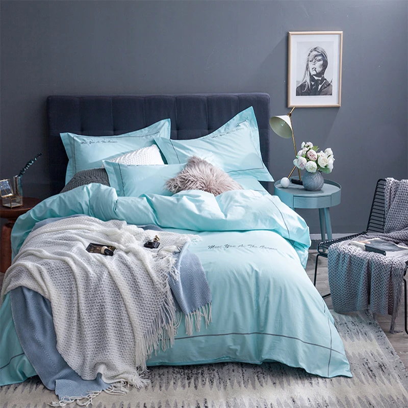 

Comfortable 100% Cotton Embroidery 4pcs Bedding Set Solid Color Bed Sheet Pillowcase Duvet Cover Bed Linens