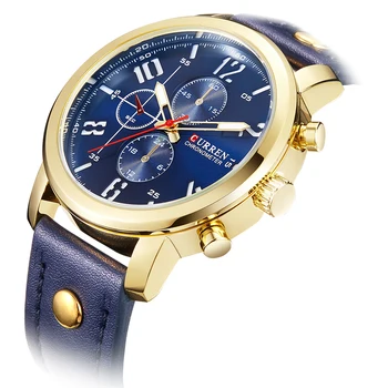 

Curren 2018 Luxury Golden Case Blue Leather Luminous Hands 3 Dial Decoration Waterproof Male Clock Mens Quartz Sport Watches