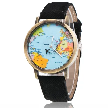 

Relogio Masculino Casual Watch Travel World Map Flight Airplane Watch Denim Strap Quartz Watches Women Dress Wristwatch Gifts
